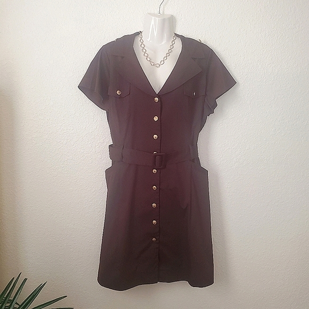 Belted Pocket Brown Dress